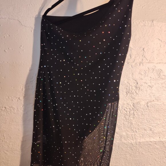 Shein Black One Shoulder Sheer Sequin Diamonds Over-lay Dress Bodysuit Size L - Picture 9 of 11